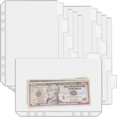 UMSICHT 12 x A5-Ordnertaschen ohne Reißverschlüsse, Budget-Umschläge mit Index-Bit-Design, A5-Ordner für 6-Ringordner, Geldordner, Organizer, transparente PVC-Umschläge, 12 Stück