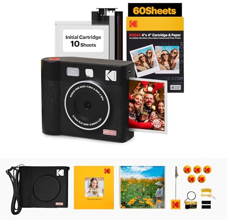 KODAK Mini Shot 4 ERA 4PASS 2-in-1 Sofortbildkamera und Fotodrucker (10x10cm) Sofortbildkamera + Gift Paket+10 Blatt im Lieferumfang enthalten + 60-Blatt-Patrone, Schwarz