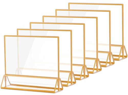 10 x 15 cm Horizontal Acrylique Sign Portez avec des bordures d'or, Clear Double-Side Table Menu Stands Image Cames pour les numéros de table de mariage, Signes de restauration, Photos - Lot de 6