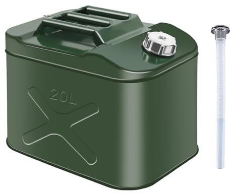TIHOOK Jerry Can 20L, Fuel Can Green, Metal Petrol Can with Portable Fuel Tank Tube, For Diesel, Petrol, Oil