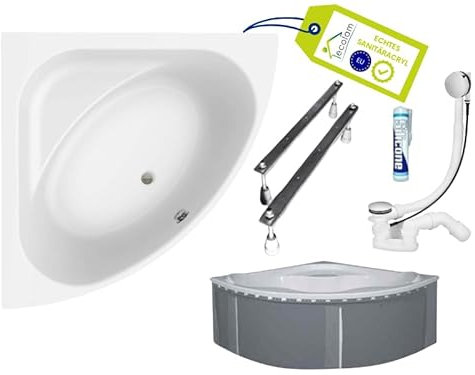 ECOLAM® Badewanne Eckwanne DINA 140 x 140 cm + Wannenträger | Eckbadewanne + Styropor zum Befliesen symmetrisch Sanitäracryl weiß Ablaufgarnitur Ab- und Überlauf Automatik Füße Silikon