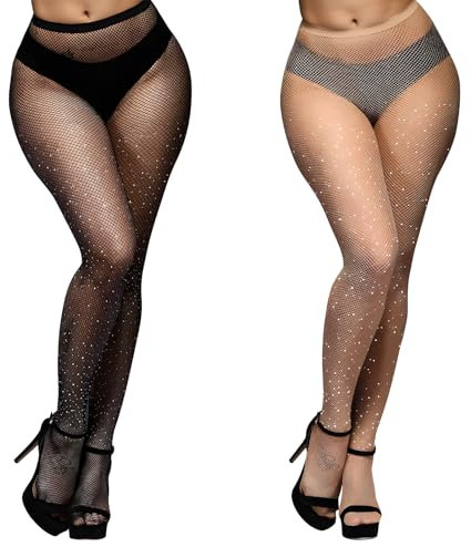 BOFUNX 2 Pares Medias Mujer con Brillo Medias Rejillas Negras Calcetines Largos para Cosplay Carnaval Regalo Fiesta Diario