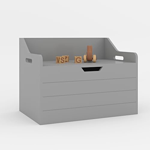 Duffy® Wooden Toy Box, Kids Bench and Storage Chest with Safety Hinged Lid, Handles, Children's Organizer Cabinet for Playroom Bedroom (Grey)