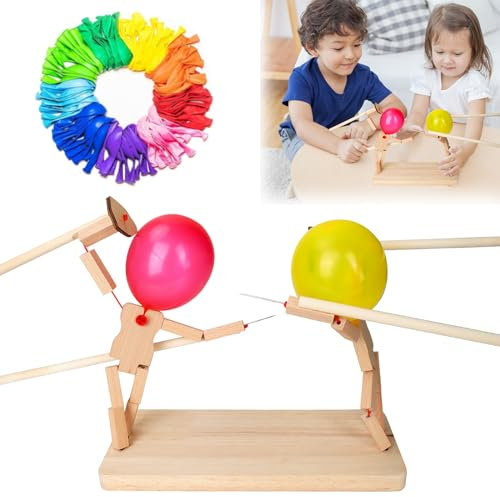 GUBOOM Balloon Bamboo Man Battle mit 100 Ballnoons, Verdicken Handmade Wooden Fencing Puppets, 2024 New Ballon Bambus Mann Schlacht, Holz Bots Kampfspiel für Party, Familienspiele, Desktop-Kampfspiel