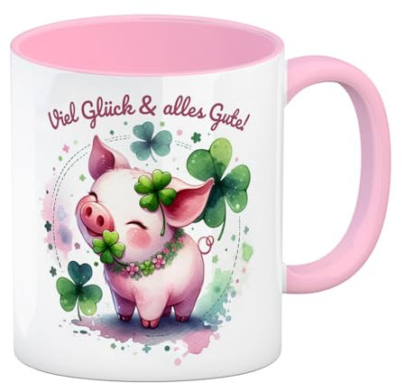 Glücksschwein Kaffeebecher in rosa mit Spruch Spruch Viel Glück & alles Gute! Fröhliches Tier-Design Kleeblatt Tasse Grün Ideal als Glücksbringer Glücksschwein Pflanze Glückstasse