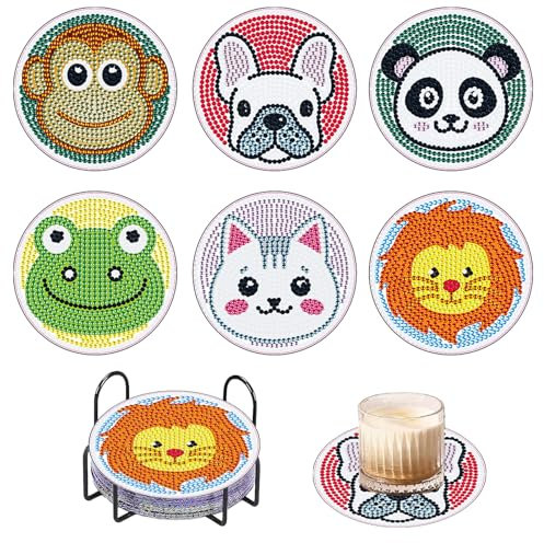 6 pièces Diamond Painting Dessous de Verre avec Support, Animal Mignon DIY sous Verres Diamant Peinture Dessous pour Adultes, Tasses, Vases, Verre