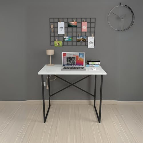 URBNLIVING 90cm Wooden Computer Laptop Desk Modern Space Saving Study Table Workstation with Metal Legs (White)