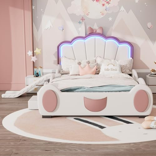 MQLAE Kinderbett 140x200cm, Cartoon Bett Schmetterlingsbett mit Rutsche und Leiter, Kopfteil mit LED-Farbwechsellicht, Fernbedienung, Bett mit Lattenrost, Rausfallschutz, schöne Form, PU, Rosa + Weiß