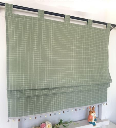 Vordesack Blickdichter Raffrollo mit Karo-Muster Landhausstil Gardinen mit Quasten-Kante Raffgardine mit Schlaufen Wohnzimmer Gardinenschal Küche 1 Stück Grün HxB 140x100cm