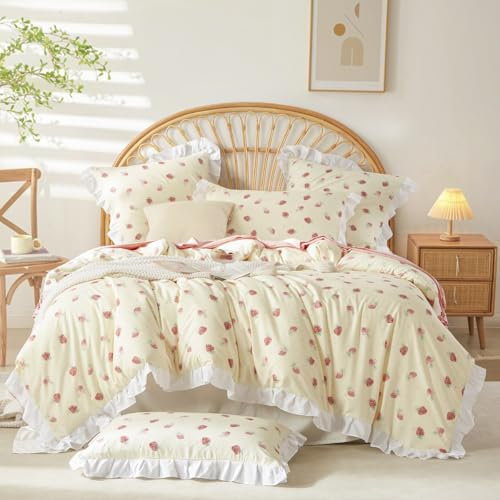 Sedefen Bettwäsche 200x200 cm mit Rüschen Creme Rosa Erdbeeren Wendebettwäsche aus Mikrofaser,ÖkoTex Zertifiziert & für Allergiker Geeignet,1 Bettbezügen & 2 Kissenbezügen 80x80