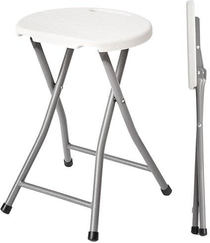 Small Folding Stool Chair - Portable, Lightweight Foldable Stool with 330lbs / 150kg Capacity, Ideal for Kitchen, Desks, Camping & Extra Seating - with Built-in Handle & Protective Feet - White