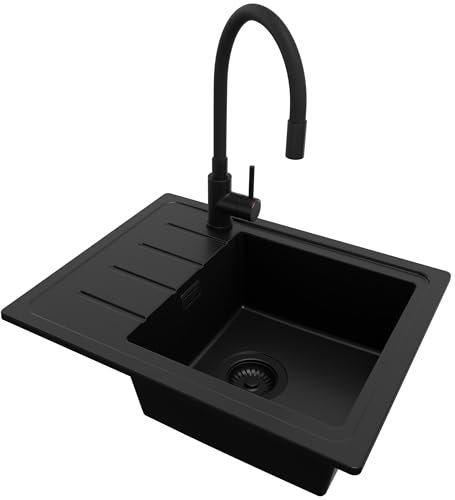 PRIMAGRAN Fregadero Granito Todo Negro 55x44cm, Cocina 1 Seno + Grifo 40x38cm + Sifón, Sobre encimera al mueble 45cm - Copenhague Easy