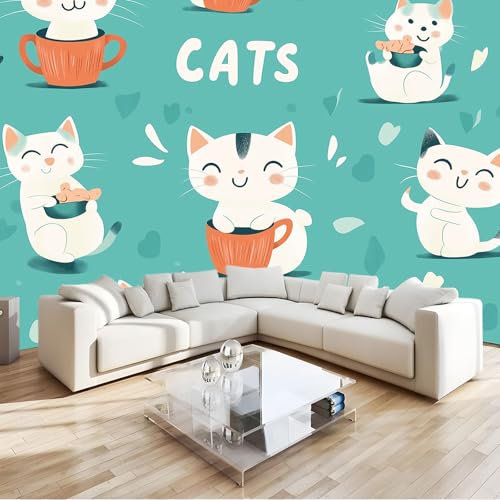 Papier Peint 3D Chat Mignon De Dessin Animé Turquoise Panoramique Peinture Murale Interieur 350x256 cm pour Salon Chambre à Coucher D'Enfant Maison Décoration Murale