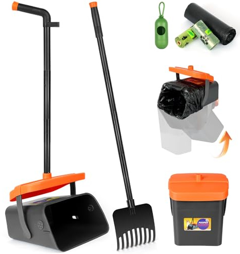 AMFUN Kit de Ramasse Crotte et Râteau, Pelle Ramasse Crottes, Pelle à Déjections Rotative avec Longue Poignée Réglable, avec 50 Sacs à Déchets, avec 1 Balle de Tennis, pour Pelouse Jardin Cour Chenil