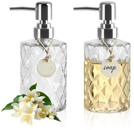 2pcs Glass Soap Dispenser Bottle with Pump, 11.6 oz Refillable Liquid Hand Jar Dispenser with Label, Dish Soap Dispenser Hand Wash Dispenser for Bathroom, Kitchen, Countertop, Laundry Room (Clear)