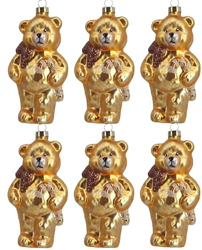 Im Set 6 Stück Christbaumschmuck Bärchen aus Glas ca. 9cm Teddybär mundgeblasen handbemalt Weihnachtskugeln in Geschenkbox goldfarben Bär