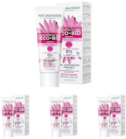 Naturaverde | BIO - Dentifricio ECO BIO Sensitive con Estratto di Echinacea e Fico d'India, per Denti e Gengive Sensibili, 0% Fluoro, 75ml (Confezione da 4)