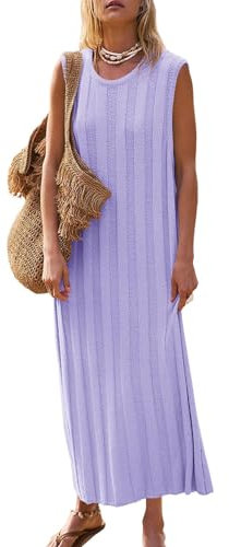 Fisoew Vestido largo de verano para mujer, sin mangas, con tirantes, de punto con cuello redondo y tejido acanalado, estilo playero, morado, S