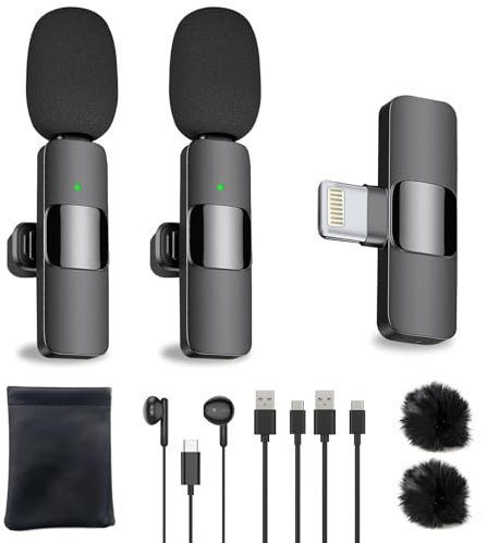 HZBWCO Micro Cravate sans Fil pour iPhone, Mini Micro Telephone Portable, Wireless Lavalier Microphone pour Vlogging, Vidéo, Podcast, Interview, TikTok,Enregistrement Youtube - 2 Mic