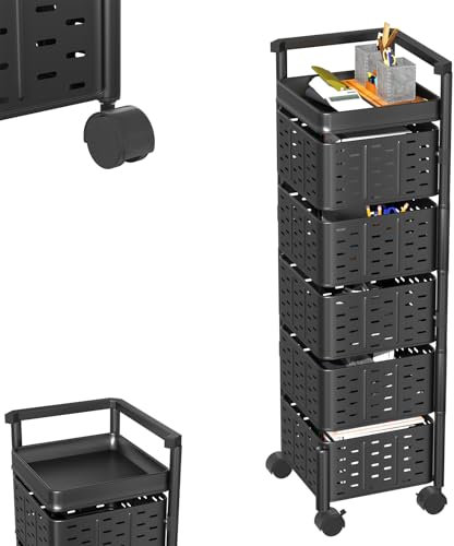 UISEBRT Drehbares Küchenregal mit 5 Ebenen, Rollwagen für Obst und Gemüse, Mehrlagiges Aufbewahrungsregal mit 360° Rotation, Mit 4 Rollen, Platzsparend (Quadratisch, Schwarz)