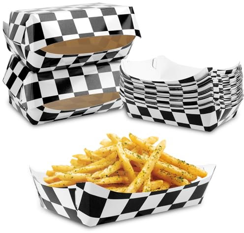 BOXOB 24uds Bandejas de Comida de Papel Coche Carreras, Bandejas Cajas para Bocadillos Servir Comida a Cuadros en Blanco y Negro para Fiestas Cumpleaños con Temática Carreras, Se Deben Doblar