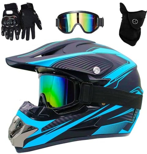 Casque de Motocross Pour Enfants, Casque de Vtt IntéGral Avec Lunettes, Masque Et Gants, Casque de Moto Quad Pour Jeunes Enfants, Homologué DOT(Blue lines,M(54-55cm))