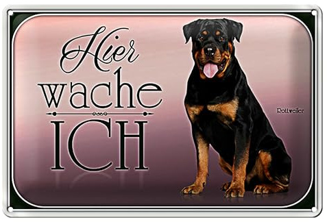 Metallschild | Hier wache ich | Rottweiler Motiv | Hundewarnschild | 18 cm x 12 cm