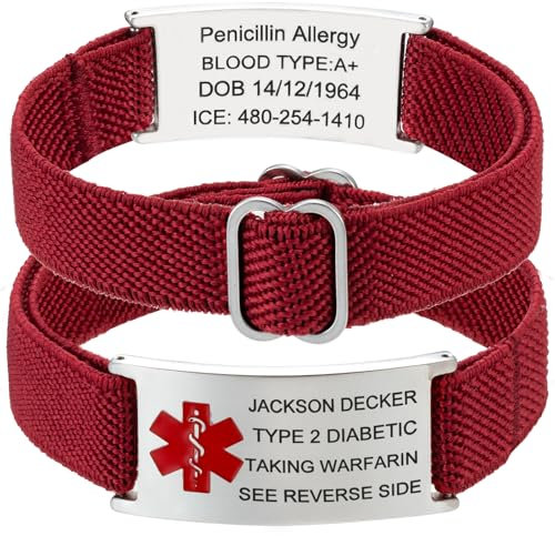 Medizinisches Warnarmband Damen/Herren - Medizinische Alarm Armband Personalisiert mit Info Autismus Allergie Diabetes Epilepsie Rot Notfallarmband SOS ID Armband Geschenk für Senioren & Kinder