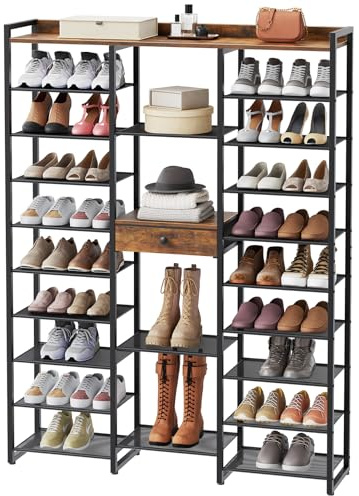HOOBRO Schuhregal, 10-stöckiges Schuhablage, 160 cm hohes Aufbewahrungsregal, Schuhschrank mit Schublade, Metallrahmen, für Wohnzimmer, Eingangsbereich, Flur, Vintagebraun und Schwarz EBF120XJ01