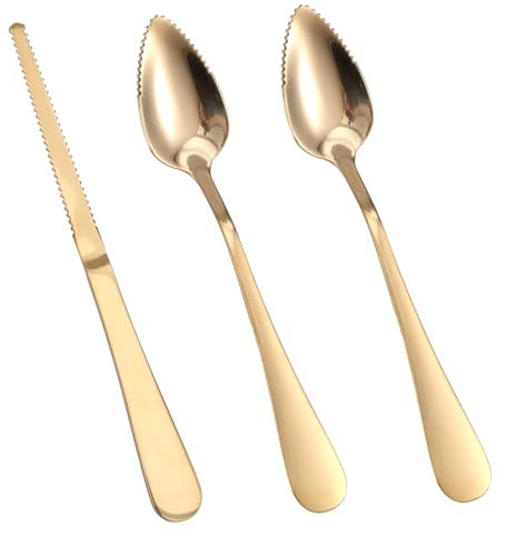 3uds Cucharas y Cuchillo Dentados para Pomelo, Utensilios Curvos Acero Inoxidable Servir Pomelo para Cítricos Limón Kiwi Melón Lima Pitahaya Herramienta Comer Fruta (Dorado)