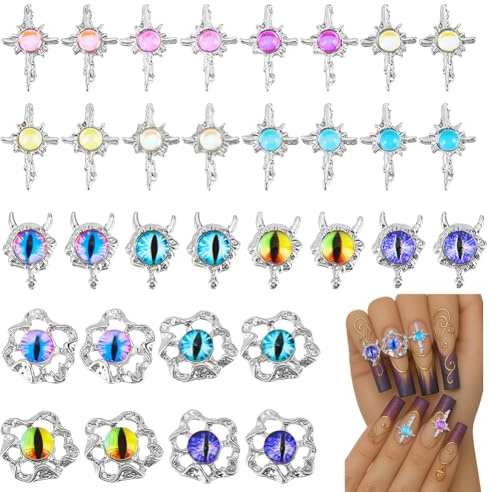 PH PandaHall 40pcs 20 Styles Nail Charms Cross Evil Eye Nail Charms Coloured Nails Charm Flat Back Glass Resin Cabochons for Punk Vintage Style Nails Art Rhinestone Decorations 13~16mm