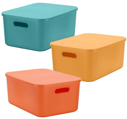 SYUTBOU 3er Set 35 x 24,9 x 15cm Aufbewahrungsbox mit Deckel, Kunststoff Aufbewahrungskorb, Stapelbare Aufbewahrungsbehälter für Regale, Küche und Badezimmer