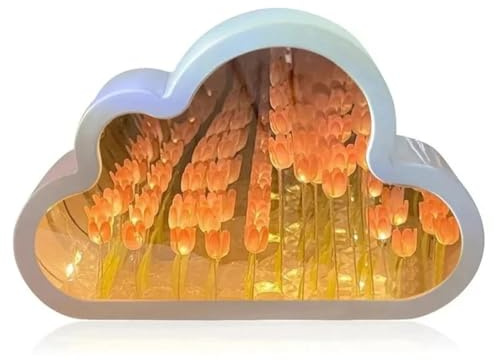 Fangxuee Cloud Tulip Atmosphere Lamp Night Light Handmade DIY Material Flower Home Decor Mirror Birthday Gift Valentine'S Day