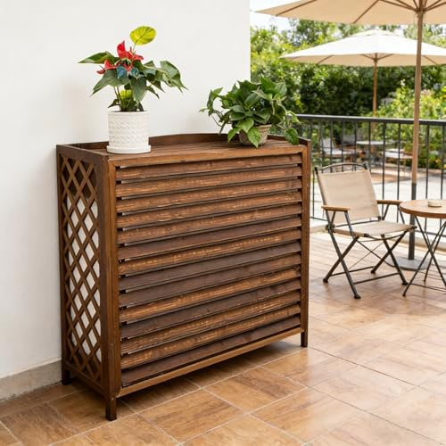 Klimaanlage Abdeckung Außengerät Holz Sichtschutz Terrasse Holz Wärmepumpe Abdeckung Massivholz Blumenregal Balkon Gartenregal Wetterfest Für Die Dekoration Garten Blumenständer(110x50x85cm)