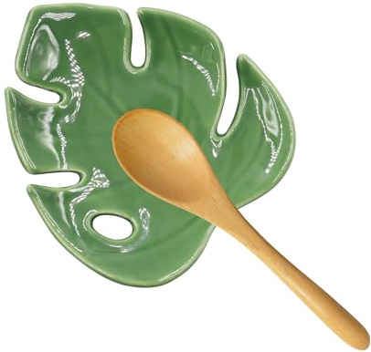 Ceramic Spoon Rest for Stove Top, Leaf Shaped Cooking Spoon Holder, Green | Cute Spatula Rest for Kitchen Counter Modern Farmhouse Decorative Cooking Utensil Tray