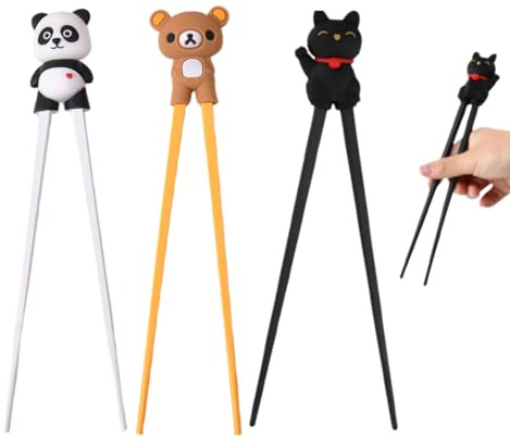 YAYNO 3 Pares de Palillos Chinos Palillos Ayuda para Palillos Chinos Palillos para Principiantes Diseño de Gato Pata y Panda Palillos Set de Aprendizaje con Cabezal Desmontable y un Bonito Diseño