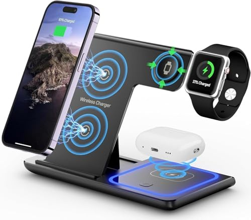3 in 1 Wireless Charger Charging Station, Wireless Charger Stand for iPhone17 16 15 14 Pro Max 13 12 11,Charging Dock for AirPods 4 3 2 Pro, Apple Watch 11/10/9/Ultra/8/SE/7/6/5/4/3