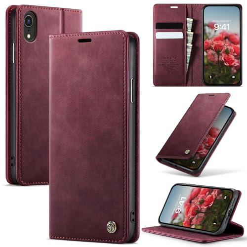 Cracedily Wallet Case for iPhone XR Leather Wallet Flip Cover with Card Holder, Kickstand, Magnetic Closure, RFID Blocking TPU Shockproof Phone Case Compatible with iPhone XR, Red
