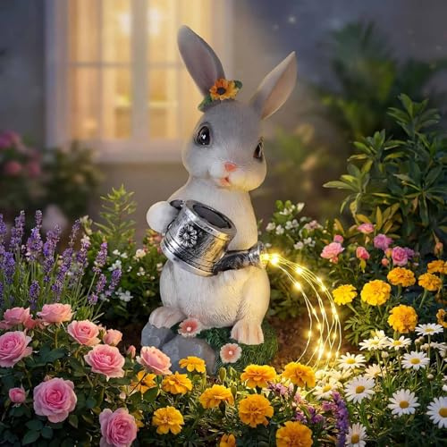 Solar‑Kaninchen Gartenfigur, Harz‑Hase Skulptur mit Licht für Garten | Kabellose, einfache Aufstellung, solar‑betrieben, energiesparend ohne Stromkosten
