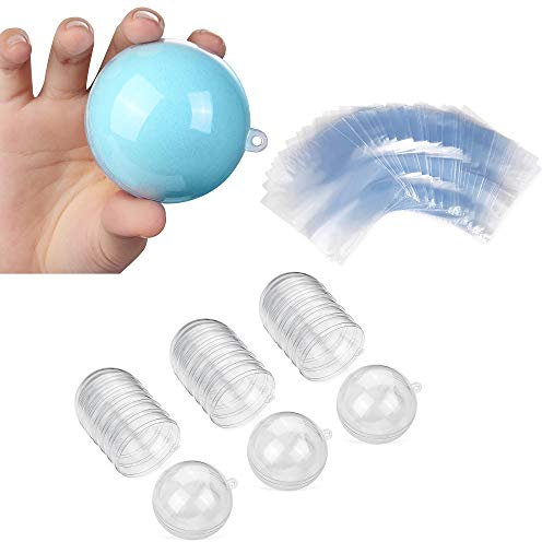 AOMGD 15 Set 30 Stück 60 mm DIY Badebomben Bastelform mit 50 15,2 x cm Schrumpffolienbeutel, transparenter Kunststoff, befüllbare Kugel-Ornament Haken, Hochzeitsdekorationen, Party-Dekor