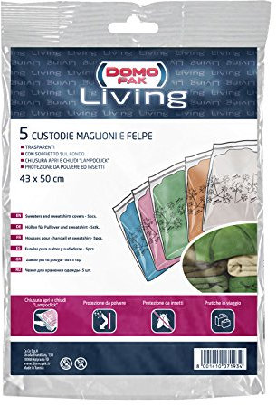 DOMO PAK LIVING Sacchetti Antipolvere per Maglioni, Felpe e Vestiti - Organizza Il Tuo Armadio e Proteggi i Tuoi Abiti - 5 Buste Trasparenti 43x50 cm