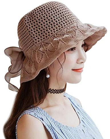 LONTG Femme Chapeau de Pêcheur d'Été Chapeau de Soleil Plage Bord Large Anti-UV Bob Capeline Pliable avec N½uds de Papillon Élégant Chapeau de Paille Tressage Respirant pour Voyage Camping Vacances