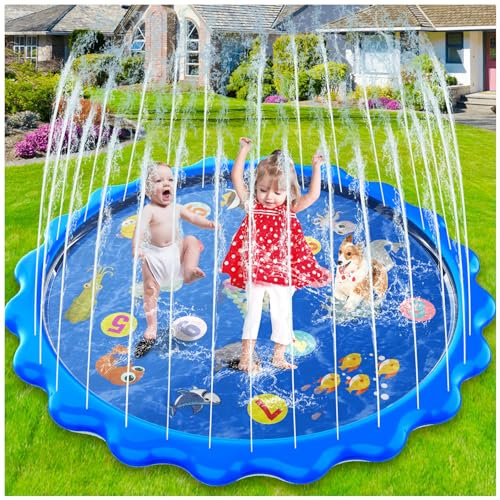 Toddler Toys - Splash Pad Age 3+, 68/170cm Sprinkler & Splash Play Mat for Toddlers Dogs, Inflatable Outdoor Sprinkler Pad Wading Pool with 5 Patches for Kids +, Water Toys for Summer Garden Beach