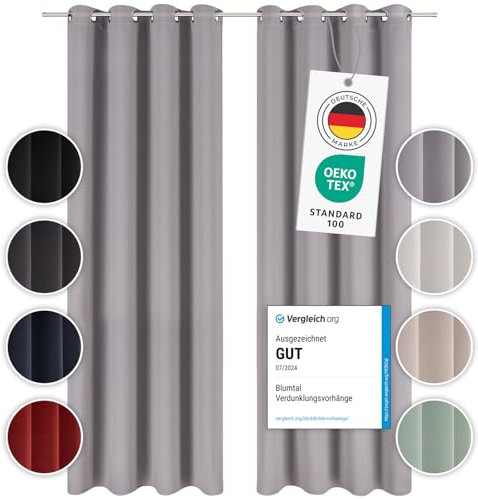 Blumtal Verdunklungsvorhänge 2er Set - Thermovorhang Hitzeschutz - Vorhang Blickdicht mit Ösen - Gardinenschals mit Schlaufen - Thermovorhang-Gardinen 225x140cm - Verdunklungsvorhänge mit Ösen - Grau