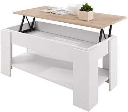 MB Muebles Bonitos, Table Basse Relevable Nicoleta pour Salon et Salle à Manger, Petite Table Basse de Mélamine Mate, Couleur Blanc et Sonoma, 100x50x43.5 cm