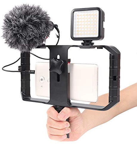 FocusFoto Pro U-Rig Smartphone-Videokamera-Käfig, Halterung Stabilisator Griff mit verbessertem BOYA by-MM1+ Mikrofon + 49 LED Licht + Mini-Stativ-Kit für Handy iPhone Filmemachen Videomaker
