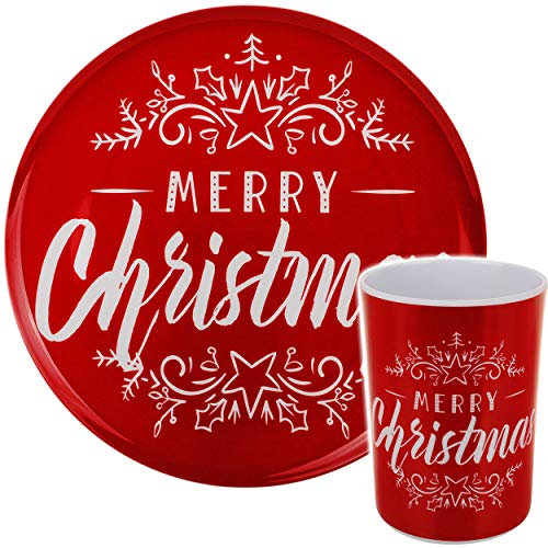 2 tlg. Geschirr Set: großer Teller + Trinkbecher Weihnachten - Merry Christmas - Melamin Kunststoff - Speiseteller Ø 28 cm - Mehrweg - Flach - rund - Plätzc..