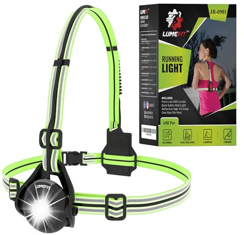 LUMEFIT Lauflicht mit Reflektoren, ideal zum Joggen und Laufen, mit 500 Lumen FrontTaschenlampe, 120° verstellbar, Laufgürtel mit rundum-Reflektoren, rotes Rücklicht, mit Akku (Grün)