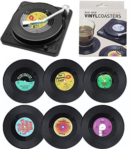Litensh 6 Stück Retro CD Vinyl Schallplatten-Untersetzer, rutschfeste Getränke-Untersetzer, isoliert, für Tee, Kaffee, Getränke, Tisch-Schutz, verhindert Verrutschen mit Halterung