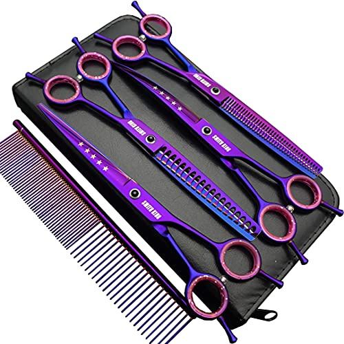 Professionelles Fellscheren-Set für Hunde, 17,8 cm, gerade, dünner werdend, gebogen, Chunker und Kamm, 5-teiliges Set für Links- und Rechtshänder